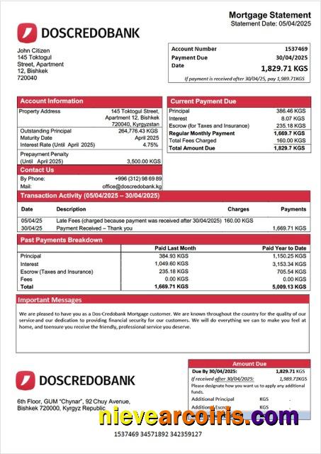 Kyrgyzstan Dos-Credobank mortgage statement Word and PDF template